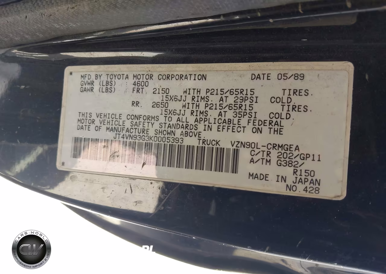 1989 Toyota Pickup 1-2 Ton Ex Long Whlbs Sr5 VIN:JT4VN93G3K0005393 - 9