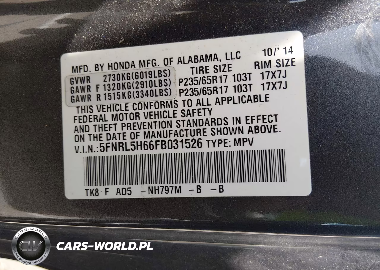 2015 Honda Odyssey Ex-L VIN:5FNRL5H66FB031526 - 9