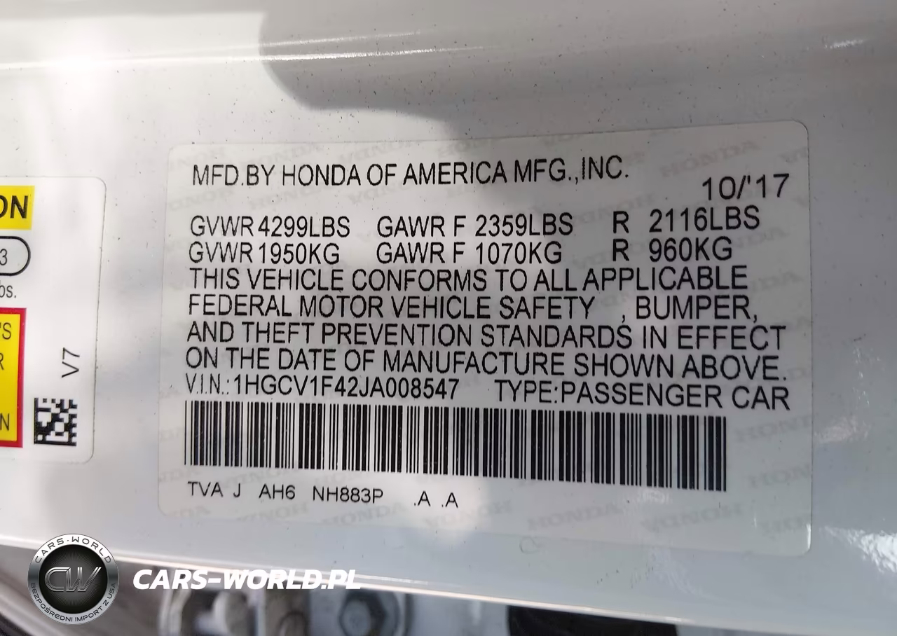 2018 Honda Accord Ex VIN:1HGCV1F42JA008547 - 9