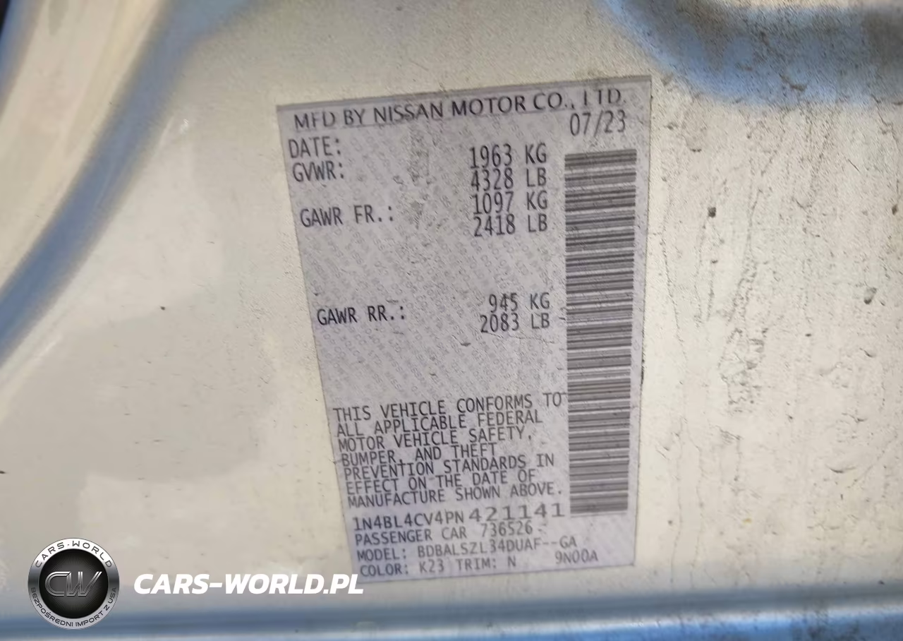 2023 Nissan Altima Sr Fwd VIN:1N4BL4CV4PN421141 - 9