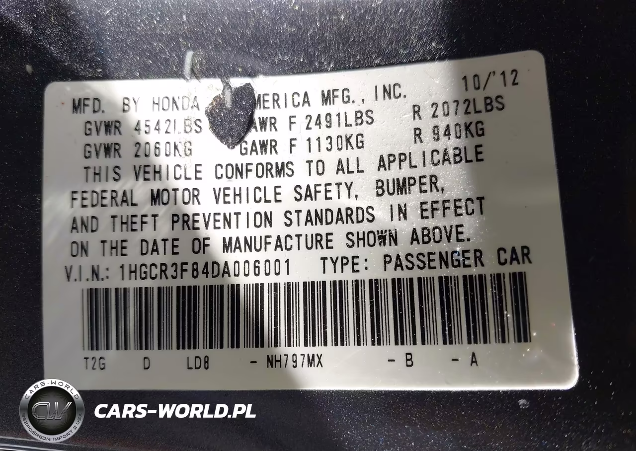 2013 Honda Accord Ex-L V-6 VIN:1HGCR3F84DA006001 - 9