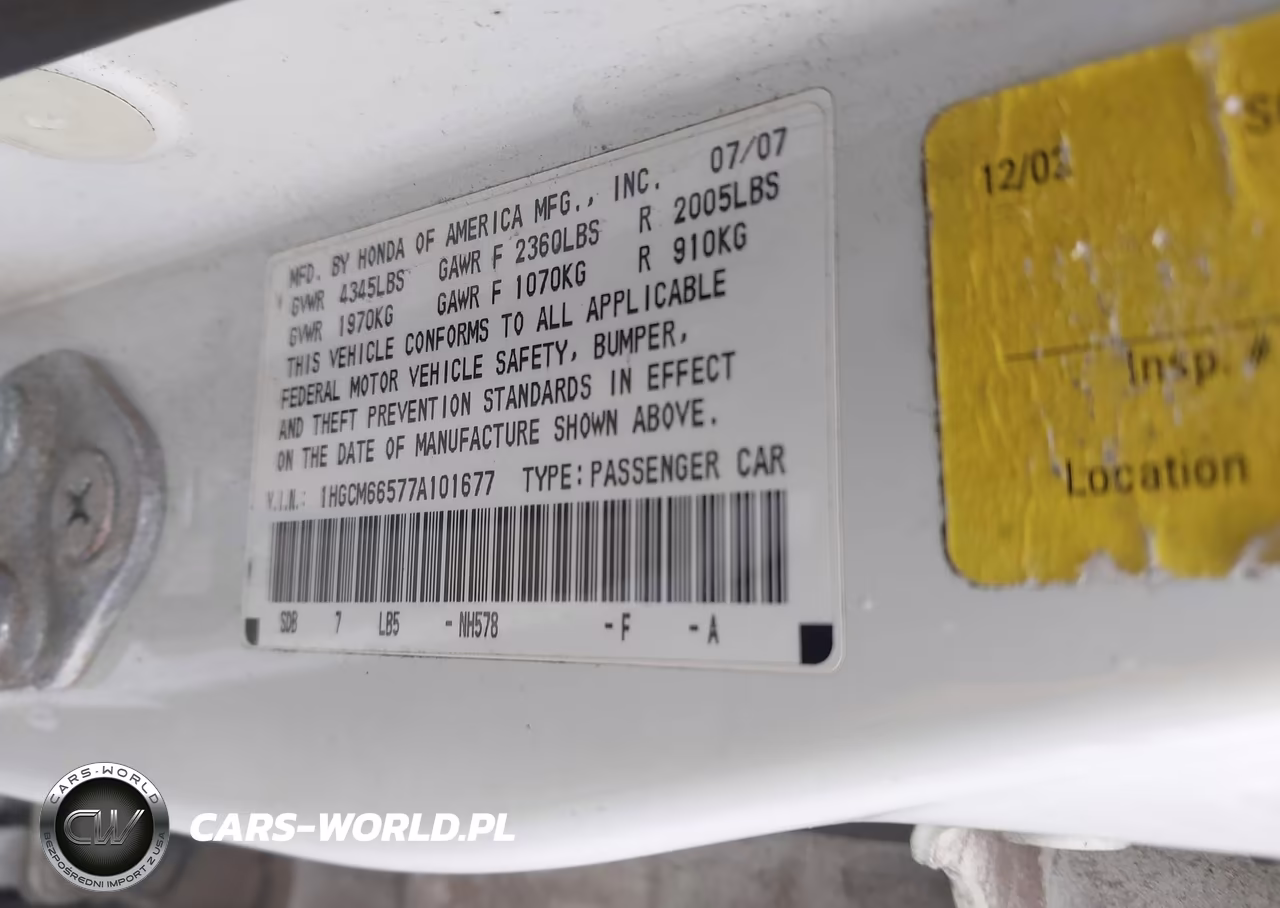 2007 Honda Accord 3.0 Ex VIN:1HGCM66577A101677 - 9