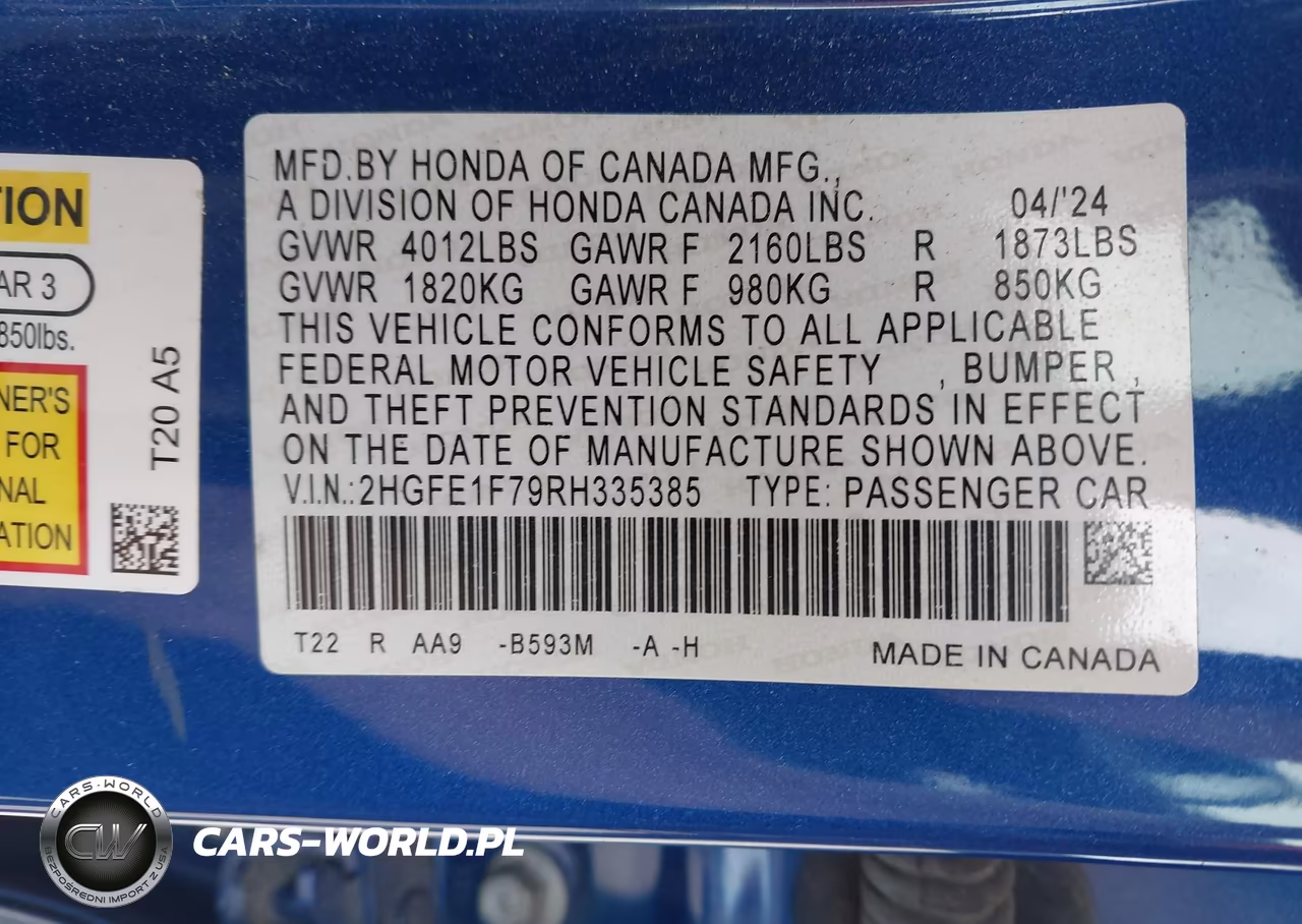 2024 Honda Civic Ex VIN:2HGFE1F79RH335385 - 9