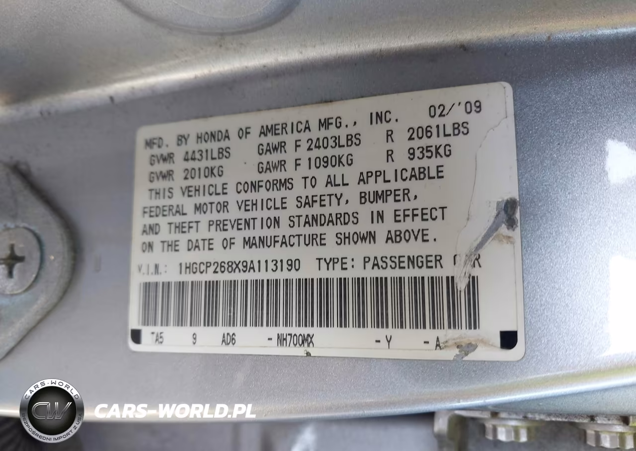 2009 Honda Accord 2.4 Ex-L VIN:1HGCP268X9A113190 - 9