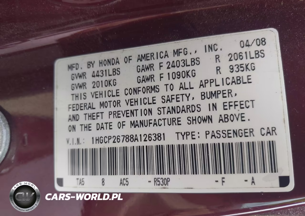 2008 Honda Accord 2.4 Ex VIN:1HGCP26788A126381 - 9
