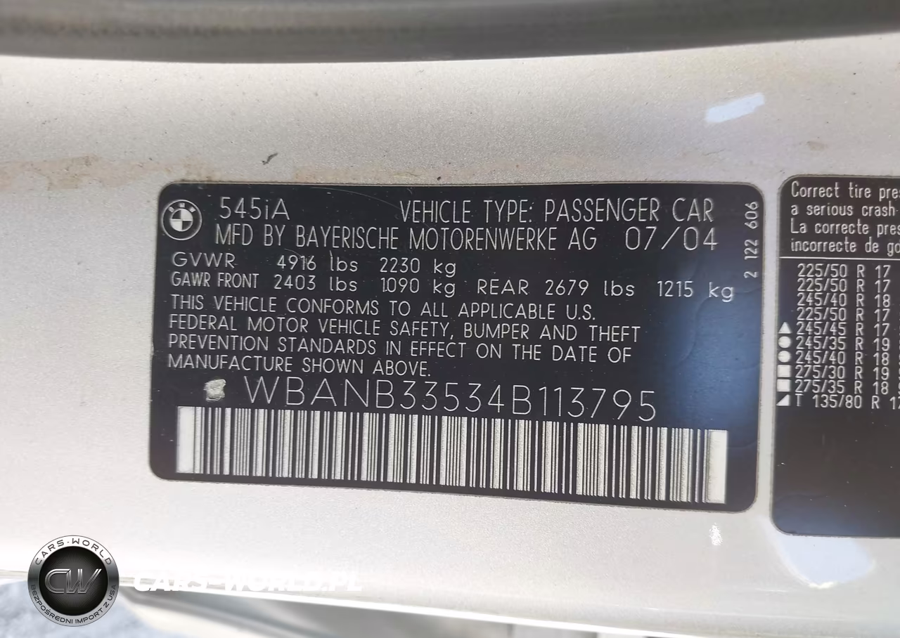 2004 BMW 545I VIN:WBANB33534B113795 - 9