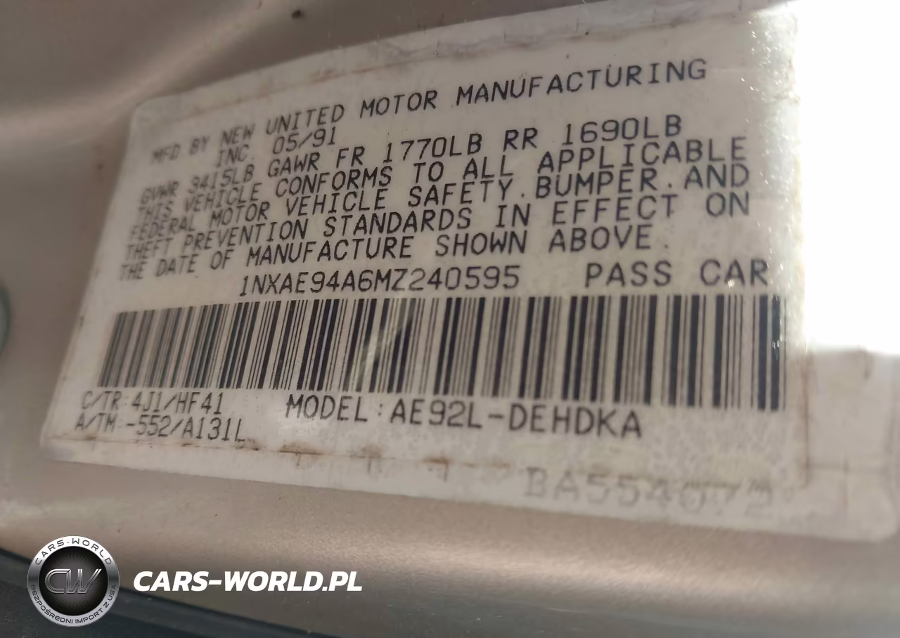 1991 Toyota Corolla Dlx VIN:1NXAE94A6MZ240595 - 9