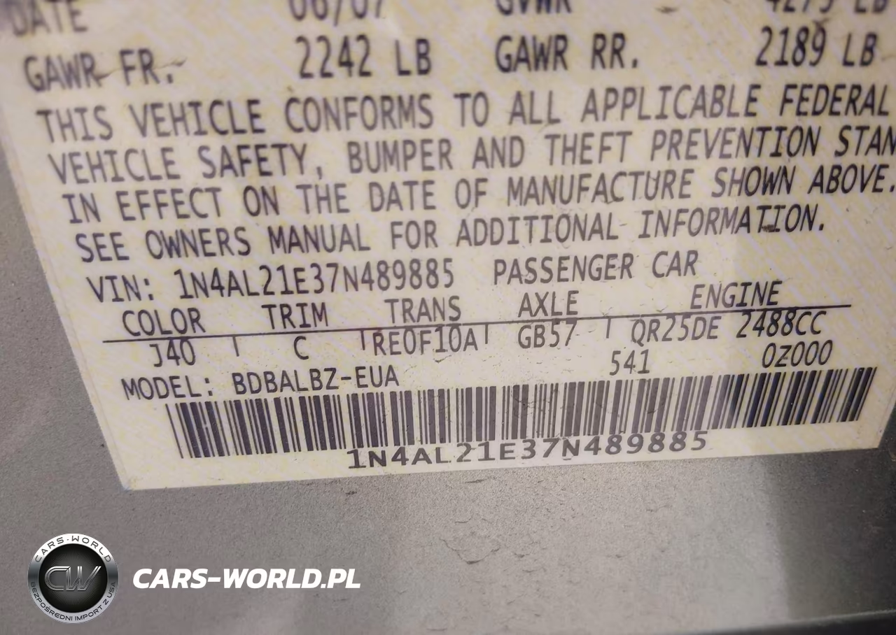 2007 Nissan Altima 2.5 S VIN:1N4AL21E37N489885 - 9