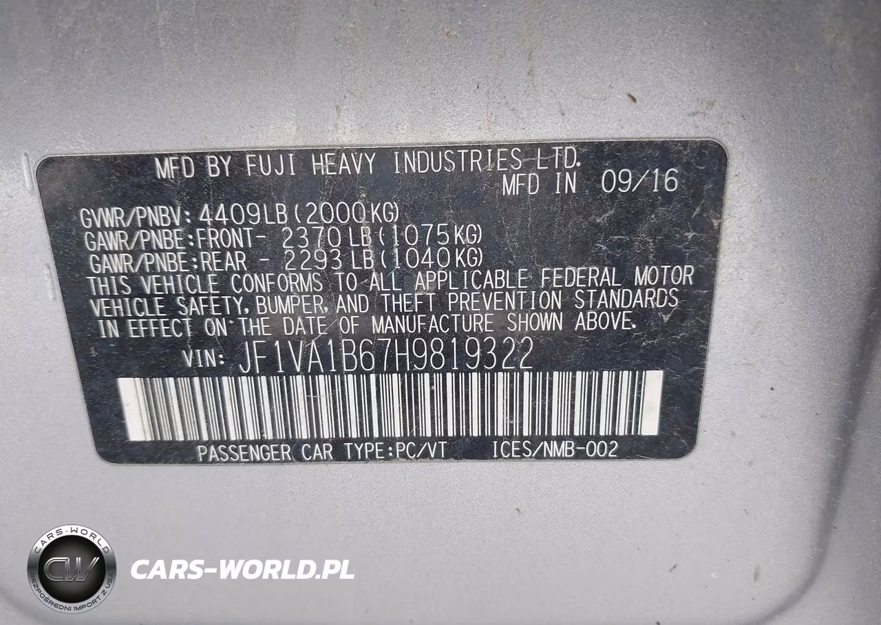 2017 Subaru Wrx VIN:JF1VA1B67H9819322 - 9