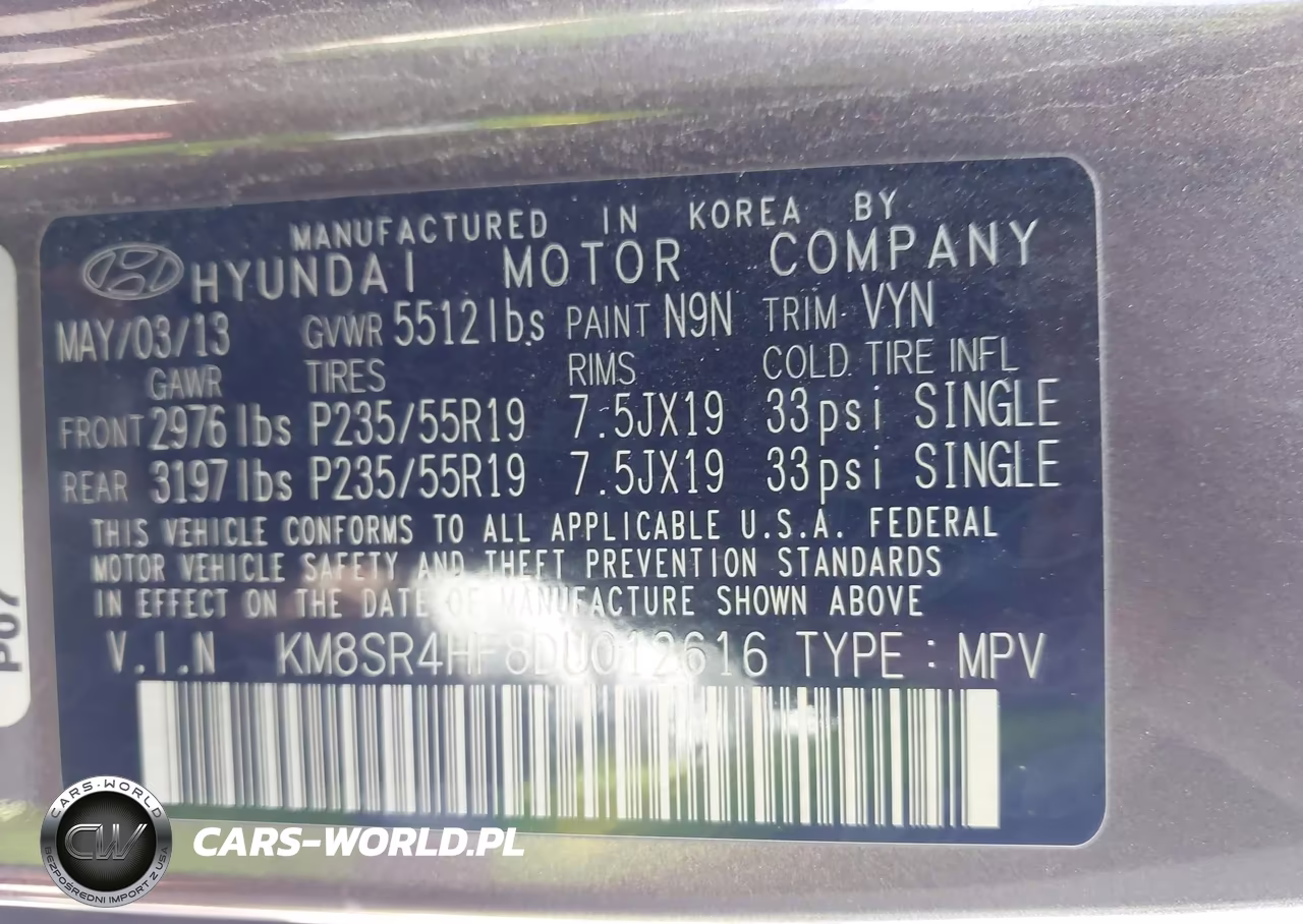 2013 Hyundai Santa Fe Limited VIN:KM8SR4HF8DU012616 - 9