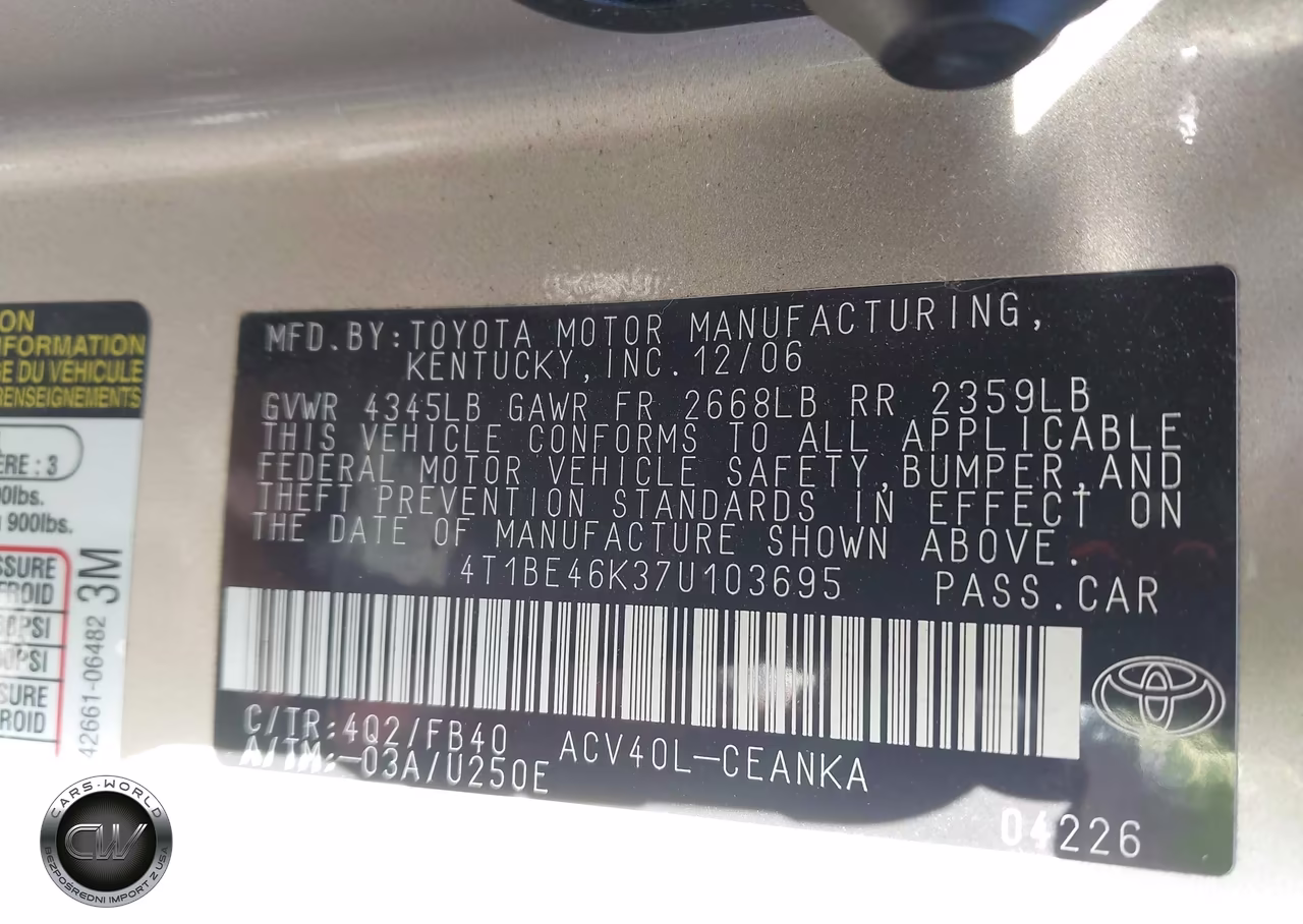 2007 Toyota Camry Ce VIN:4T1BE46K37U103695 - 9
