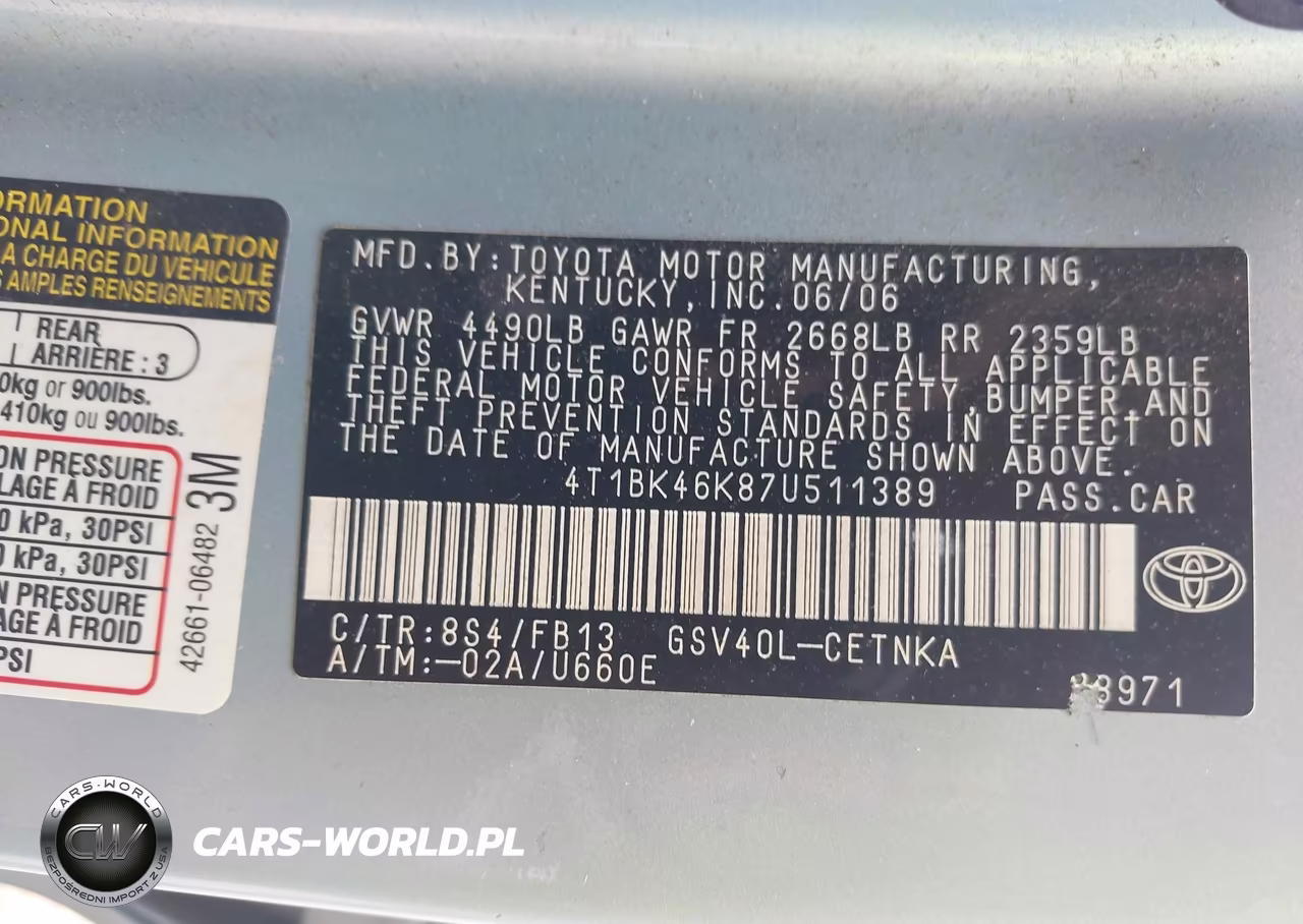 2007 Toyota Camry Le V6 VIN:4T1BK46K87U511389 - 9