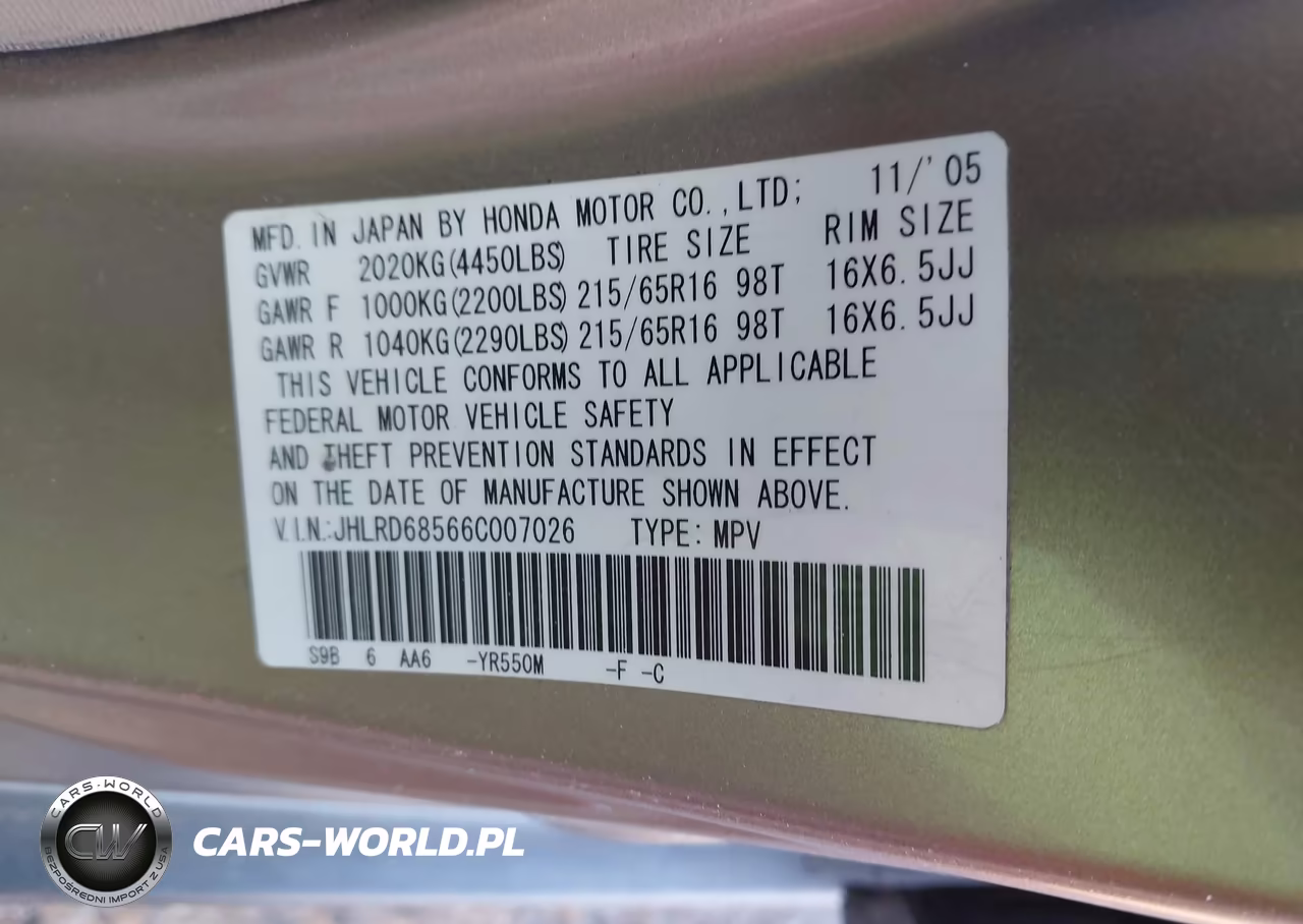 2006 Honda Cr-V Lx VIN:JHLRD68566C007026 - 9