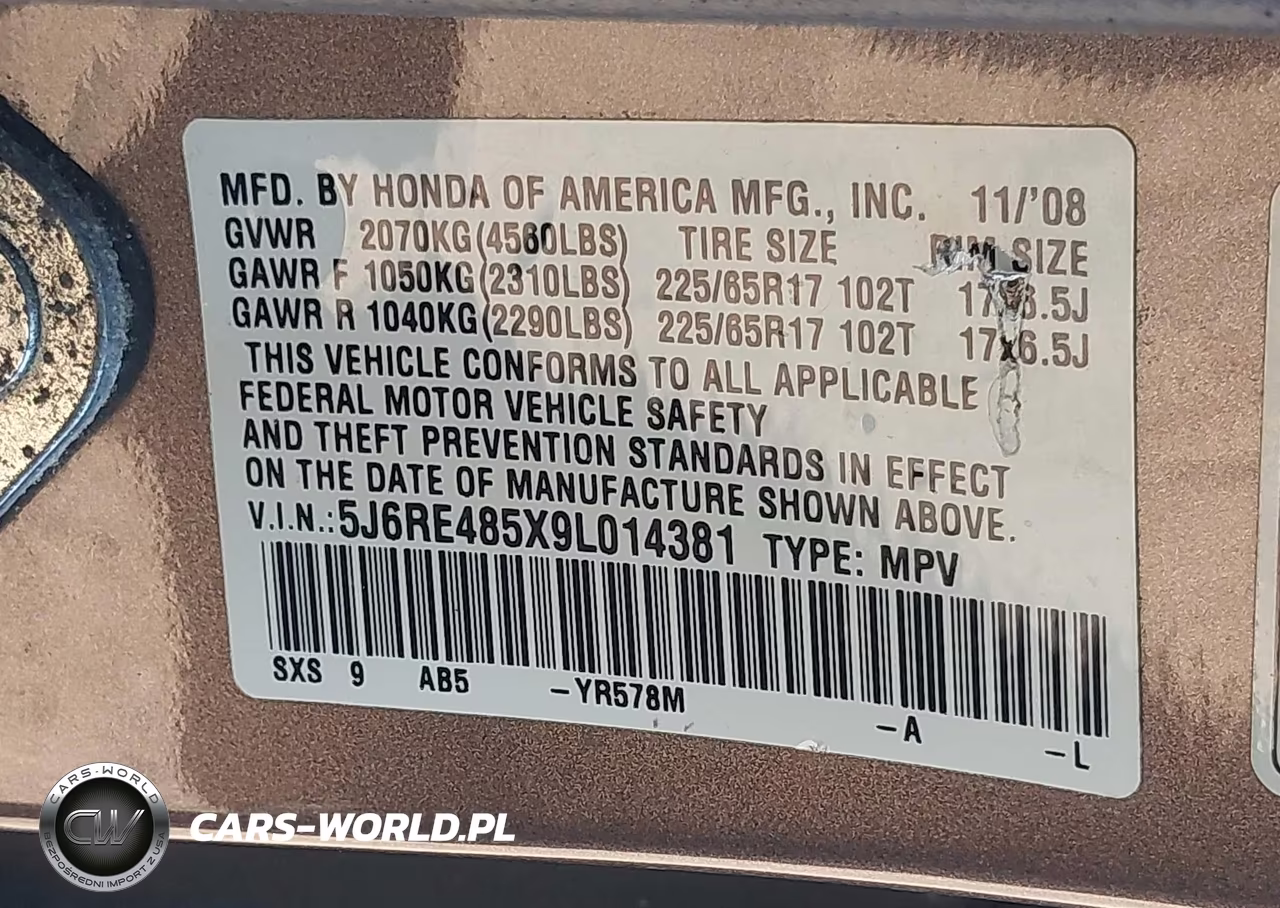 2009 Honda Cr-V Ex VIN:5J6RE485X9L014381 - 9