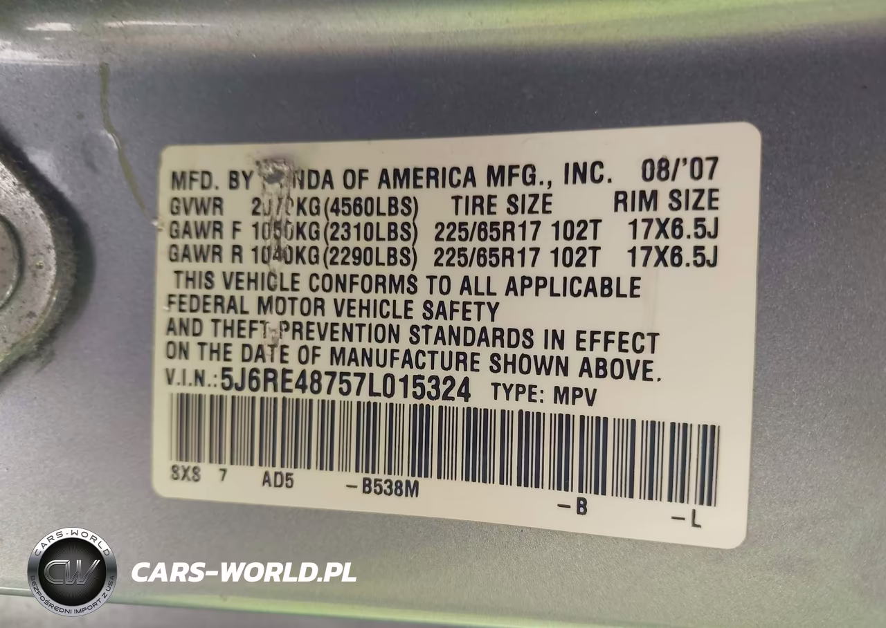2007 Honda Cr-V Ex-L VIN:5J6RE48757L015324 - 9