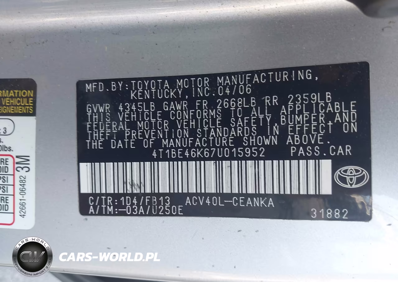 2007 Toyota Camry Le VIN:4T1BE46K67U015952 - 9