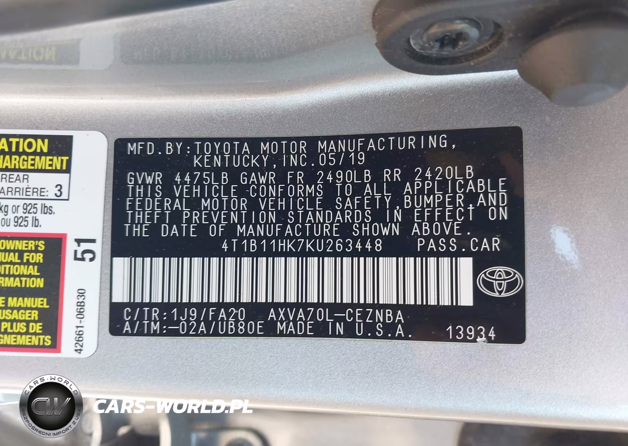 2019 Toyota Camry Le VIN:4T1B11HK7KU263448 - 9