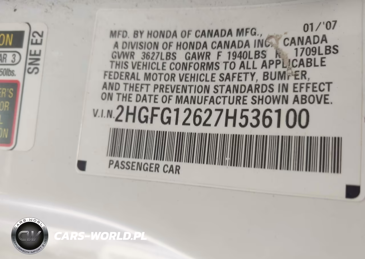 2007 Honda Civic Lx VIN:2HGFG12627H536100 - 9