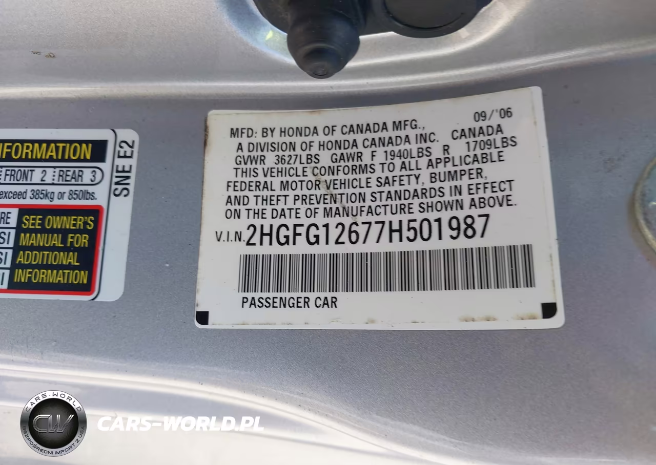 2007 Honda Civic Lx VIN:2HGFG12677H501987 - 9