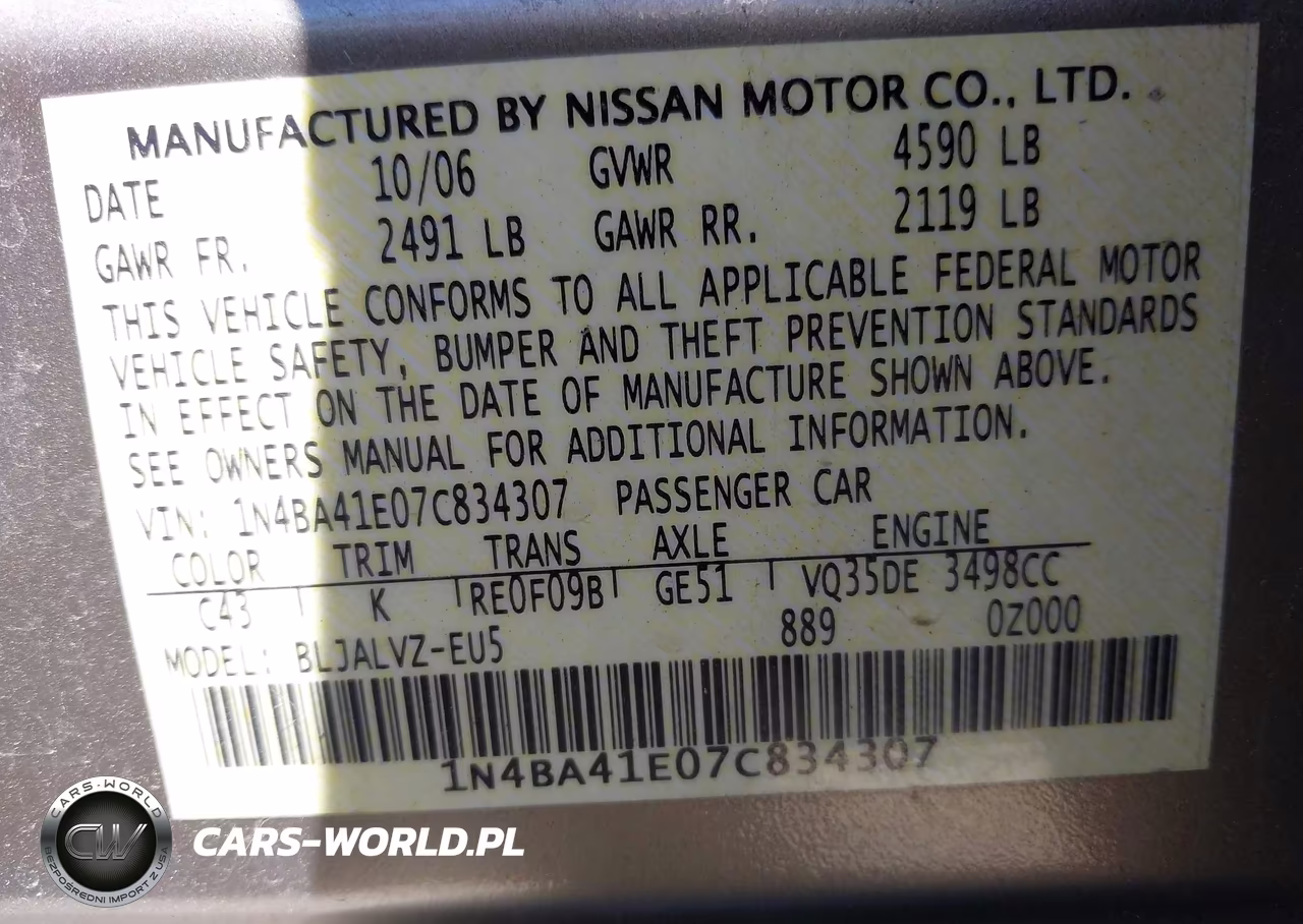 2007 Nissan Maxima 3.5 Se VIN:1N4BA41E07C834307 - 9