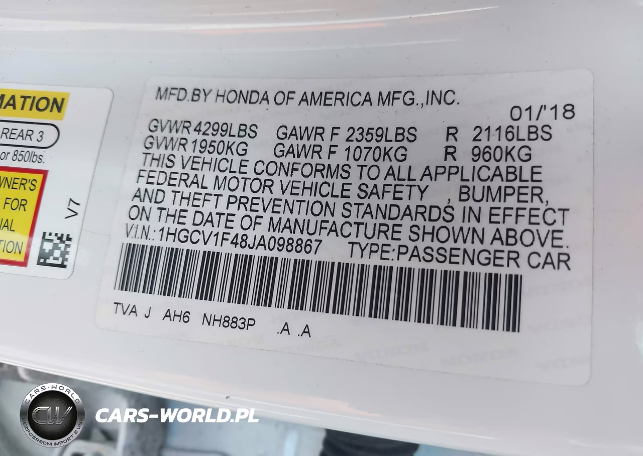 2018 Honda Accord Ex VIN:1HGCV1F48JA098867 - 9