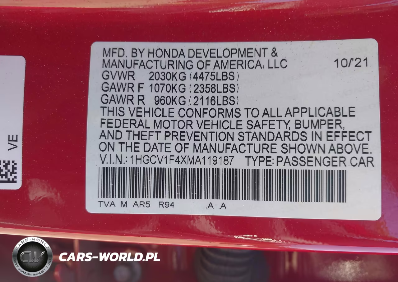 2021 Honda Accord Sport Special Edition VIN:1HGCV1F4XMA119187 - 9