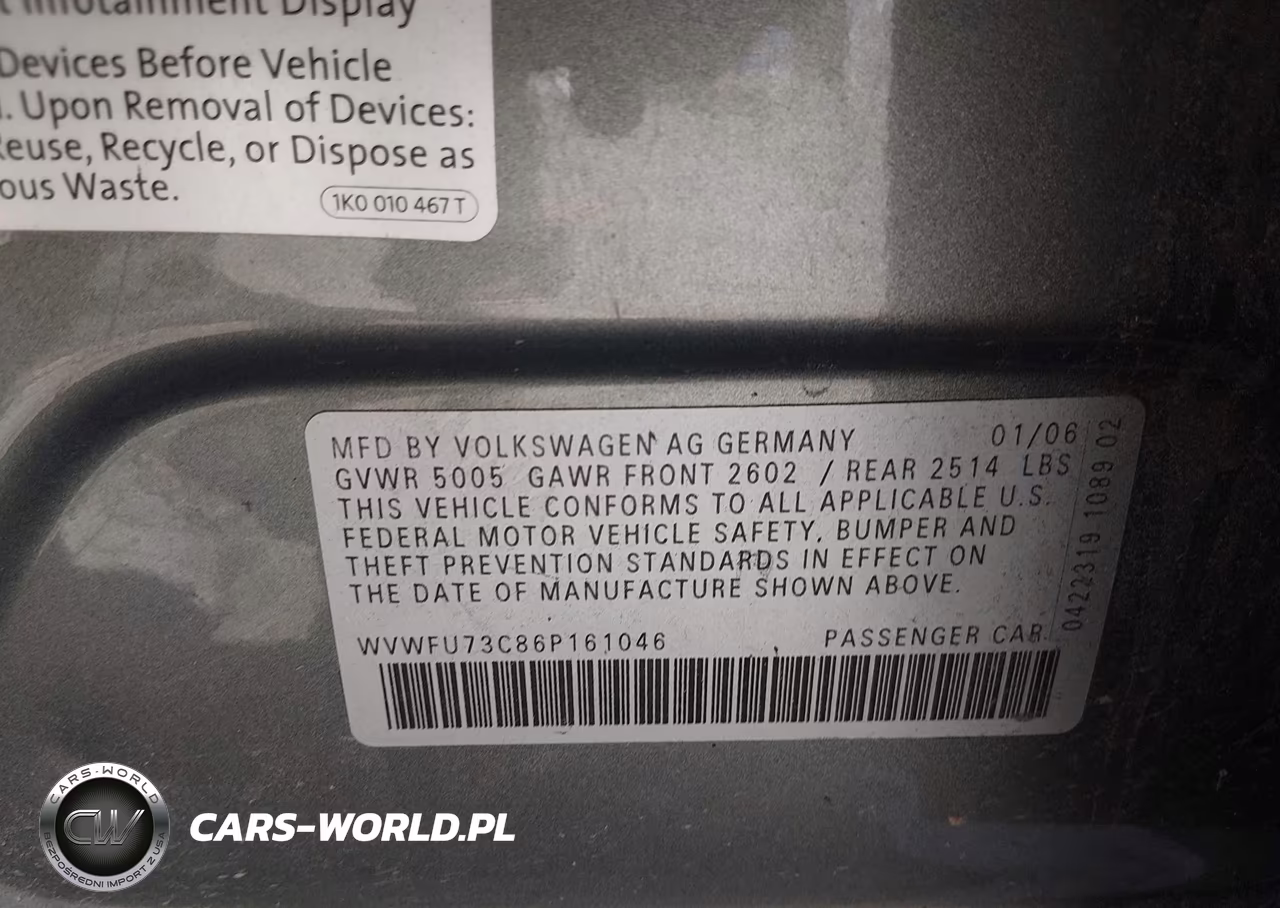2006 Volkswagen Passat 3.6 VIN:WVWFU73C86P161046 - 9
