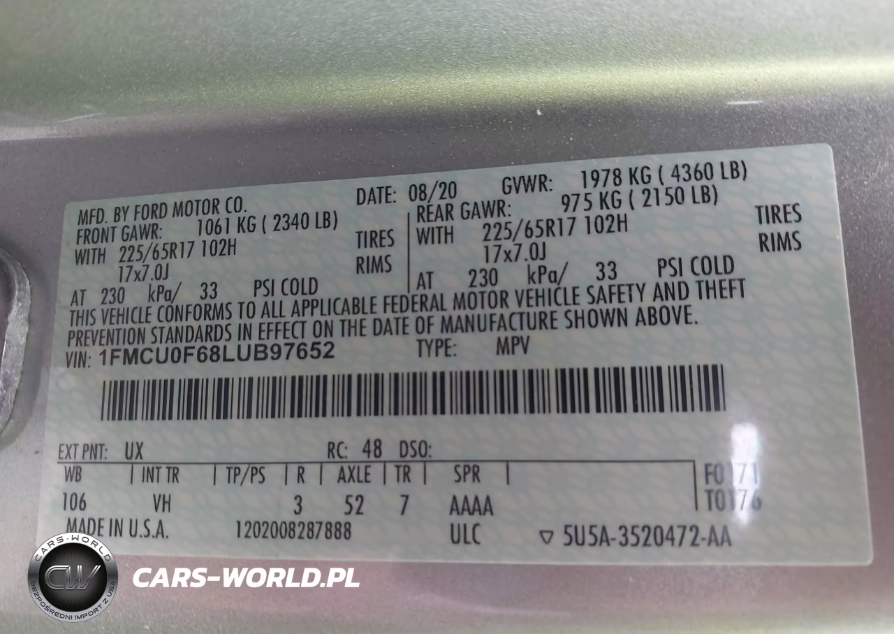 2020 Ford Escape S VIN:1FMCU0F68LUB97652 - 9