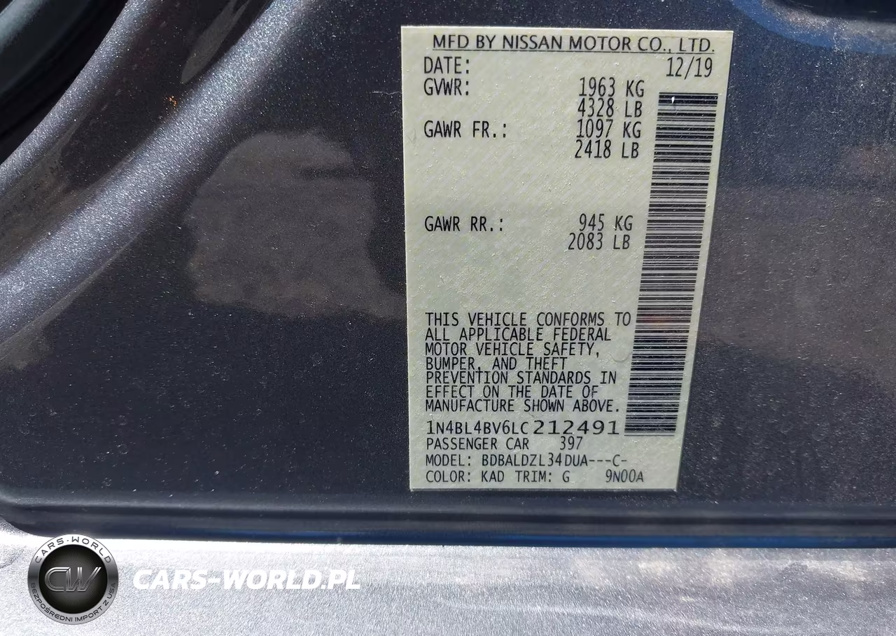 2020 Nissan Altima S Fwd VIN:1N4BL4BV6LC212491 - 9