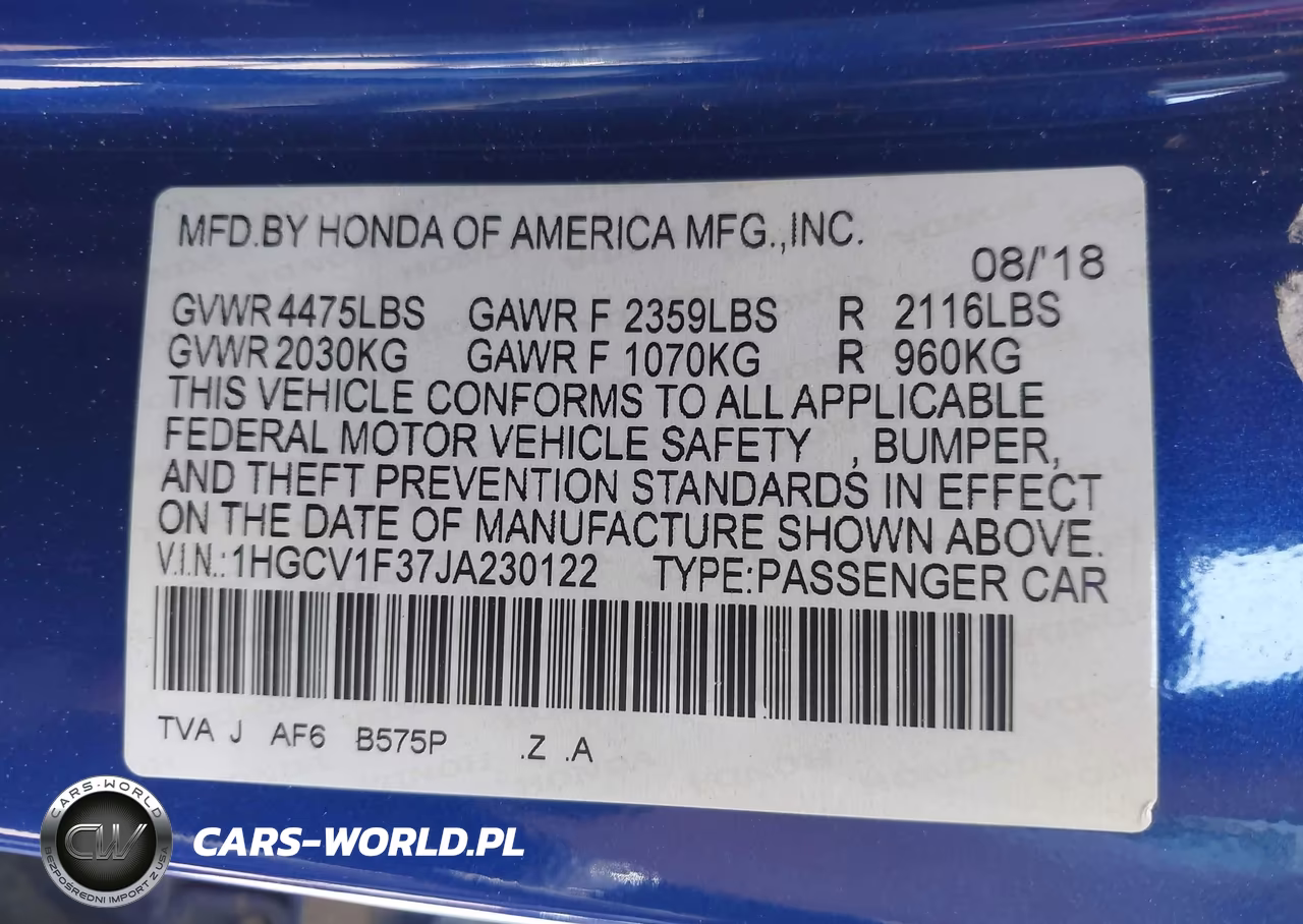 2018 Honda Accord Sport VIN:1HGCV1F37JA230122 - 9