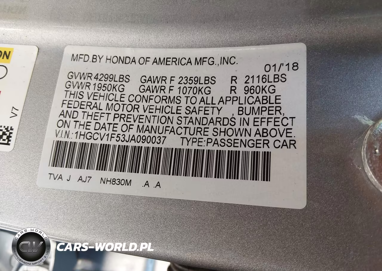 2018 Honda Accord Ex-L VIN:1HGCV1F53JA090037 - 9