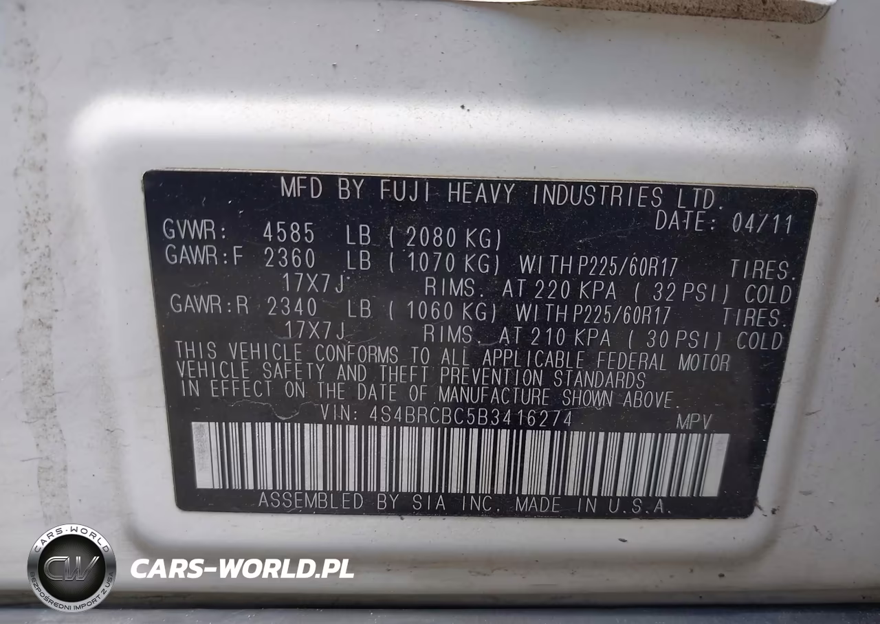 2011 Subaru Outback 2.5I Premium VIN:4S4BRCBC5B3416274 - 9