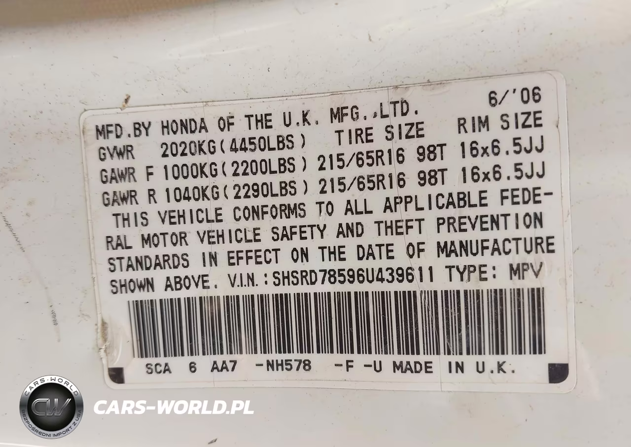 2006 Honda Cr-V Lx VIN:SHSRD78596U439611 - 9