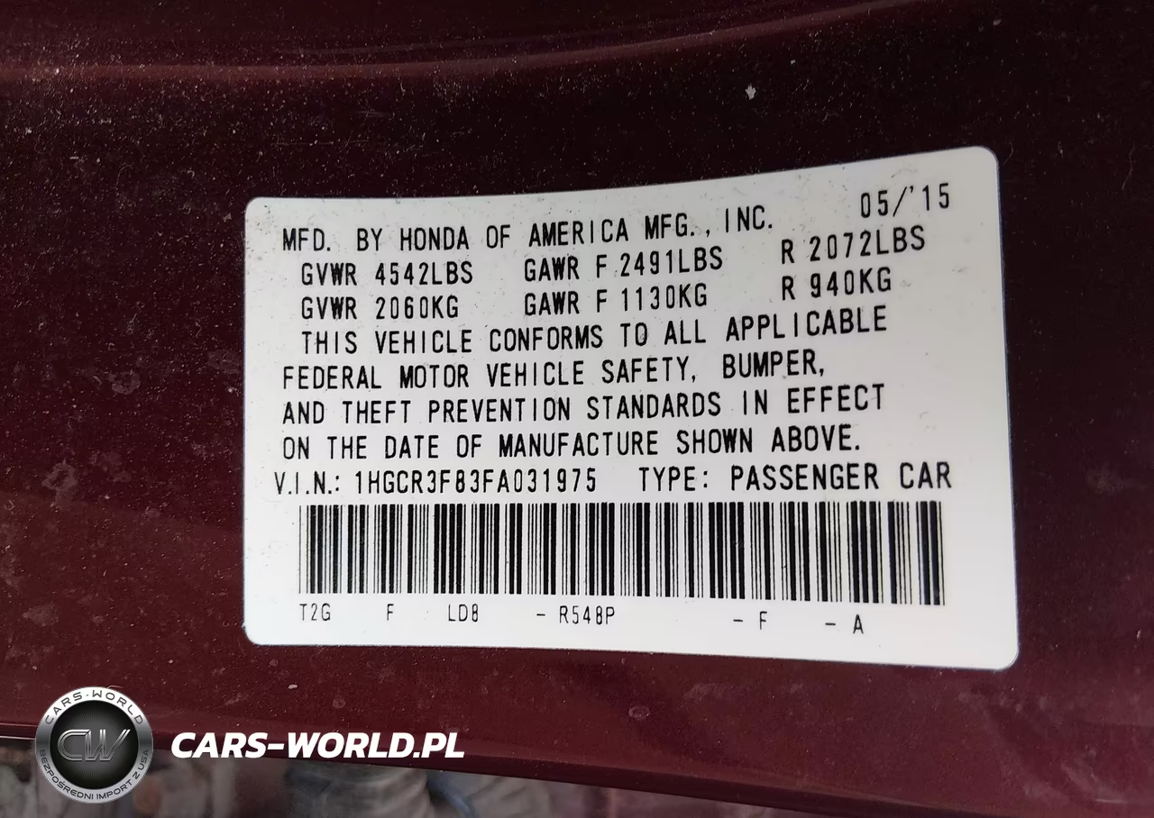 2015 Honda Accord Ex-L V-6 VIN:1HGCR3F83FA031975 - 9