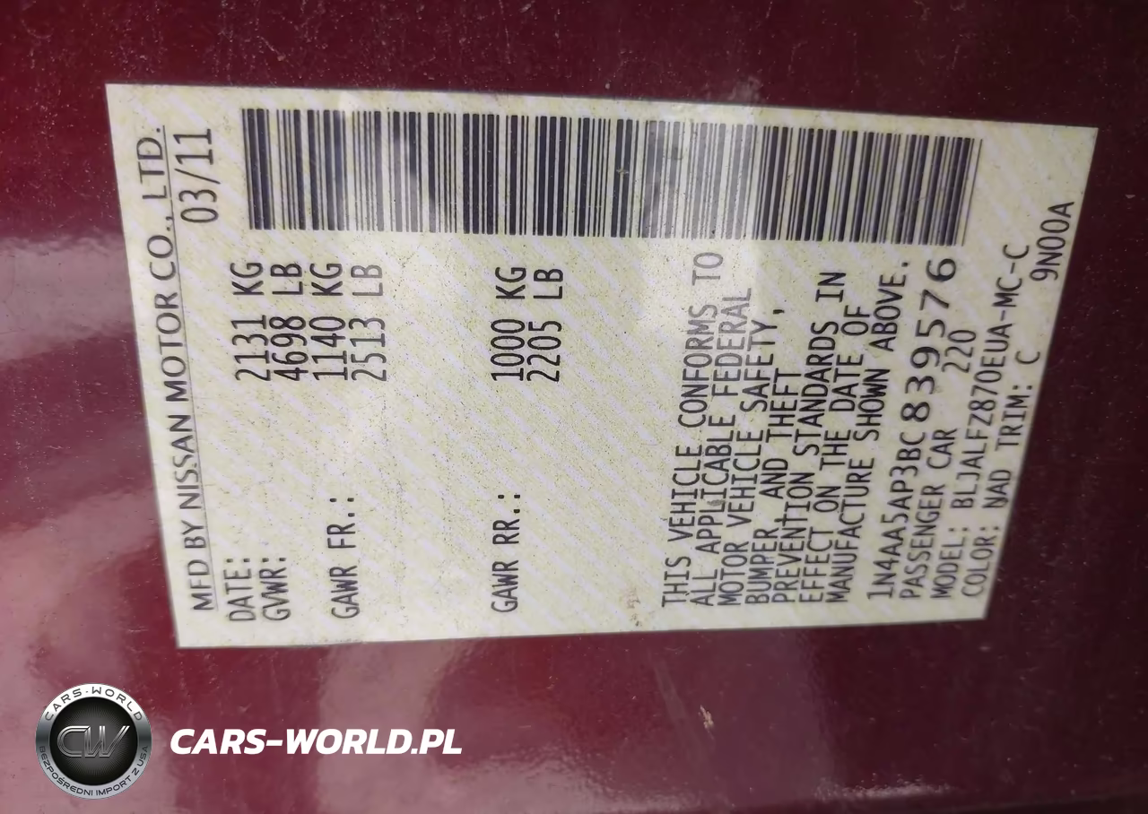 2011 Nissan Maxima 3.5 Sv VIN:1N4AA5AP3BC839576 - 9