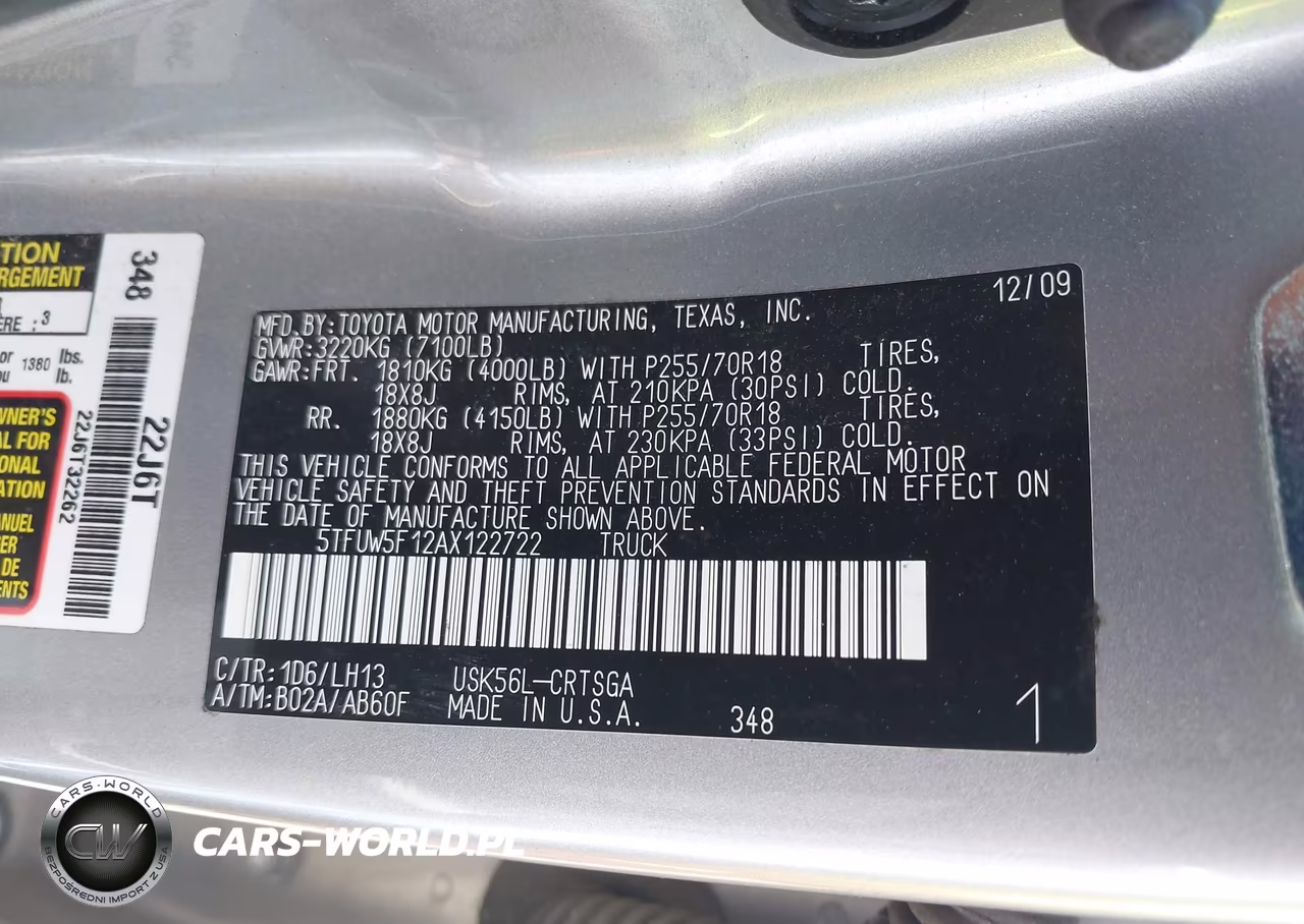 2010 Toyota Tundra Grade 5.7L V8 VIN:5TFUW5F12AX122722 - 9