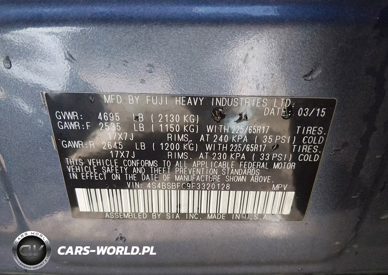 2015 Subaru Outback 2.5I Premium VIN:4S4BSBFC9F3320128 - 9