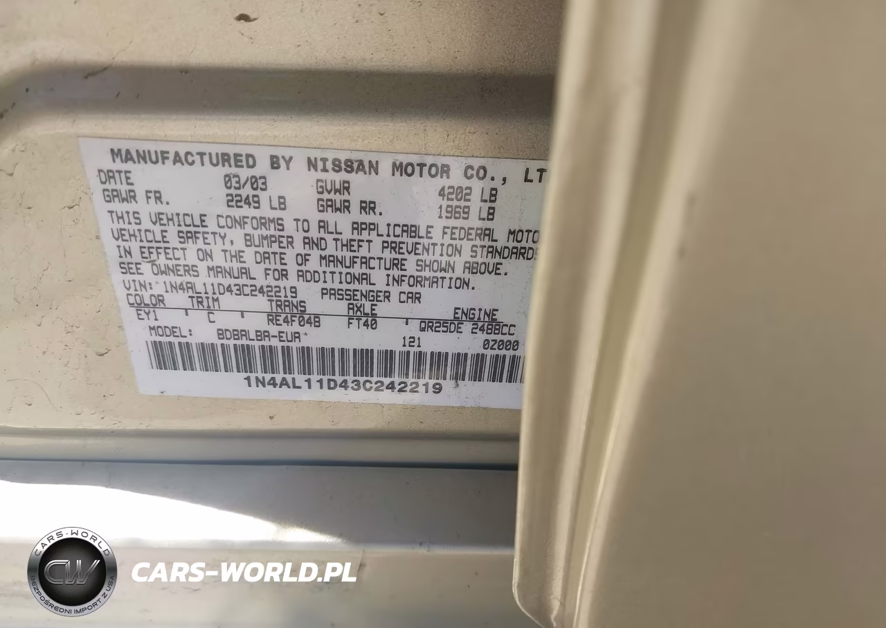 2003 Nissan Altima 2.5 S VIN:1N4AL11D43C242219 - 9