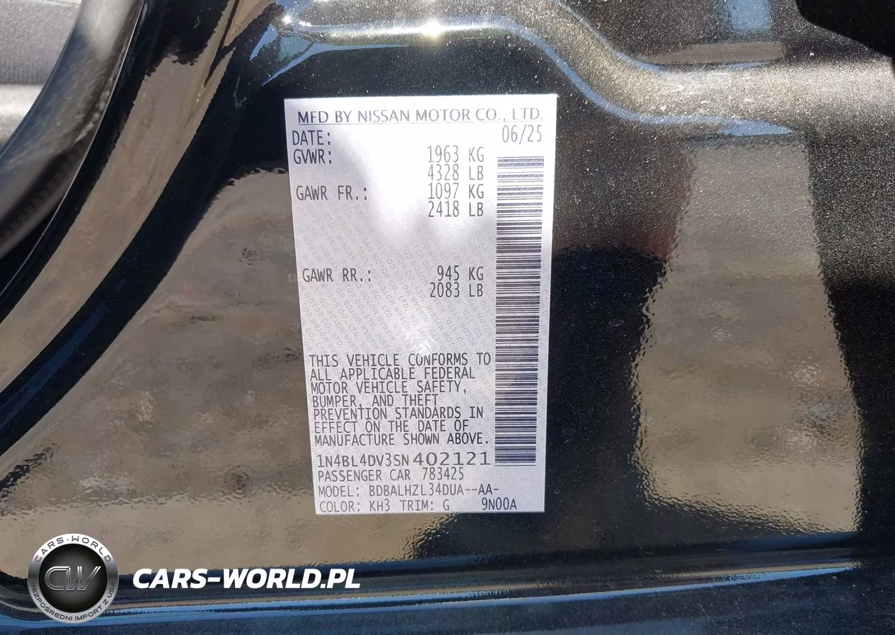 2025 Nissan Altima Sv Fwd VIN:1N4BL4DV3SN402121 - 9
