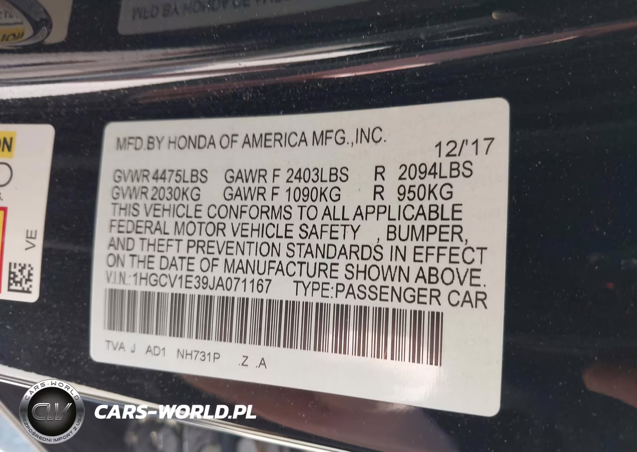 2018 Honda Accord Sport VIN:1HGCV1E39JA071167 - 9
