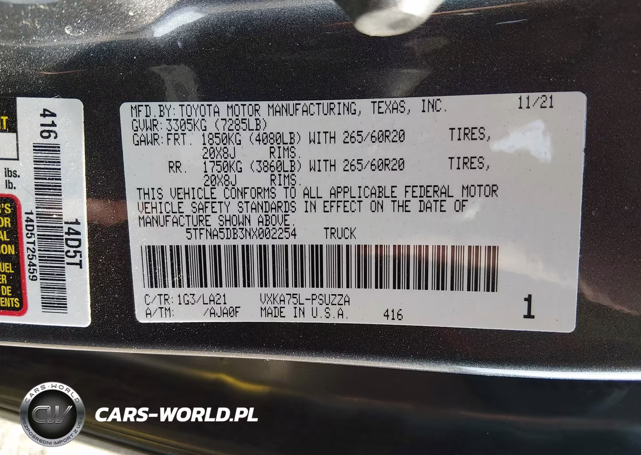 2022 Toyota Tundra Platinum VIN:5TFNA5DB3NX002254 - 9