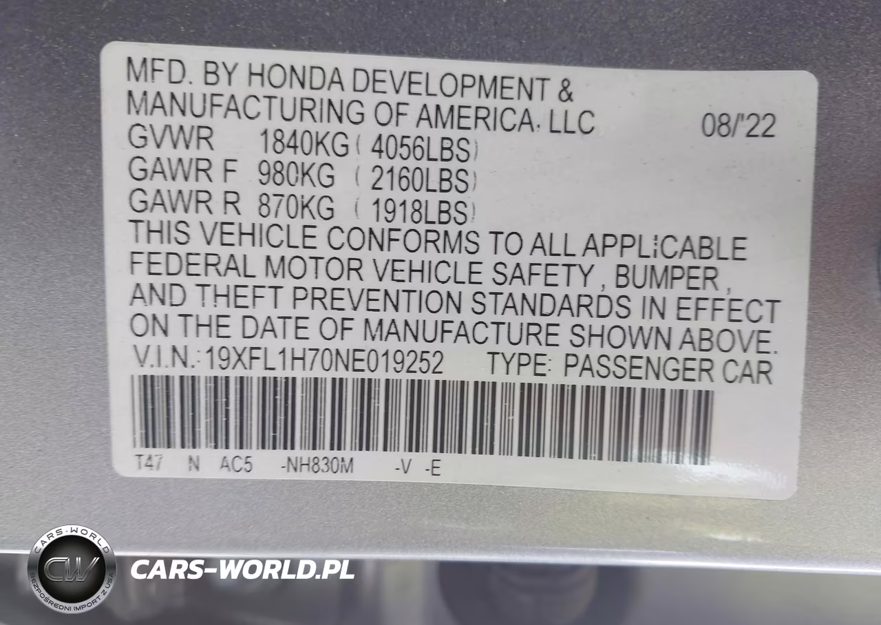 2022 Honda Civic Ex-L VIN:19XFL1H70NE019252 - 9