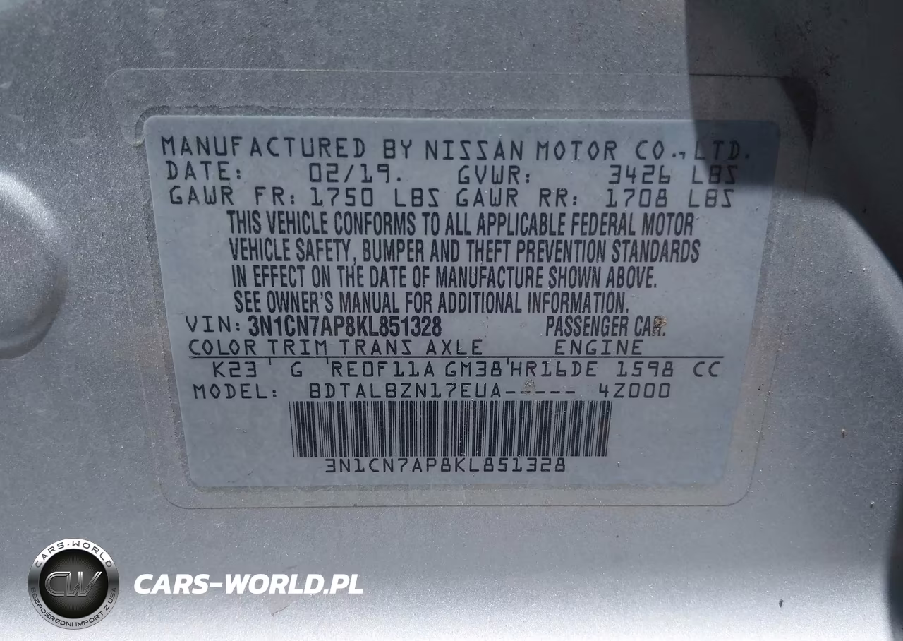 2019 Nissan Versa 1.6 Sv VIN:3N1CN7AP8KL851328 - 9