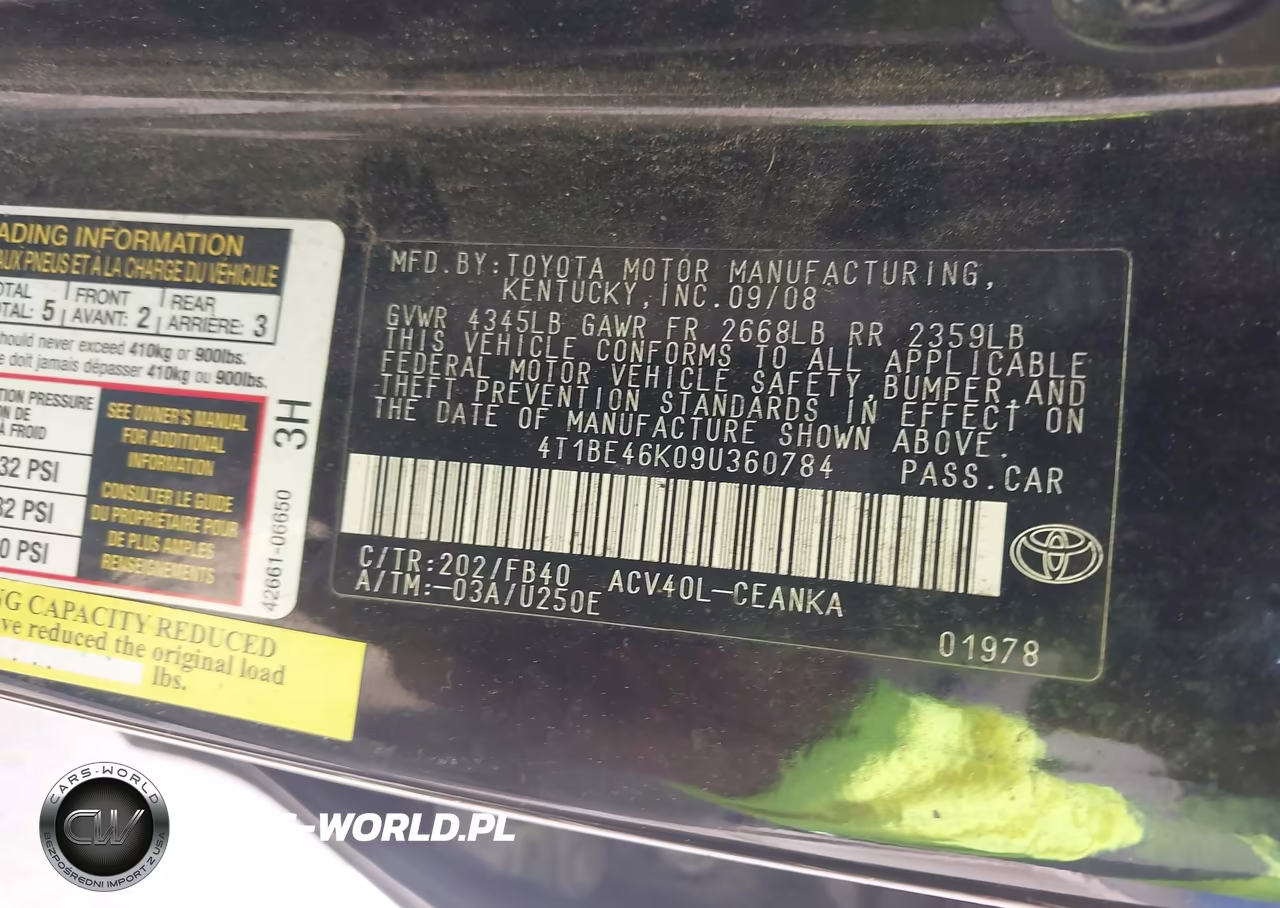 2009 Toyota Camry VIN:4T1BE46K09U360784 - 9