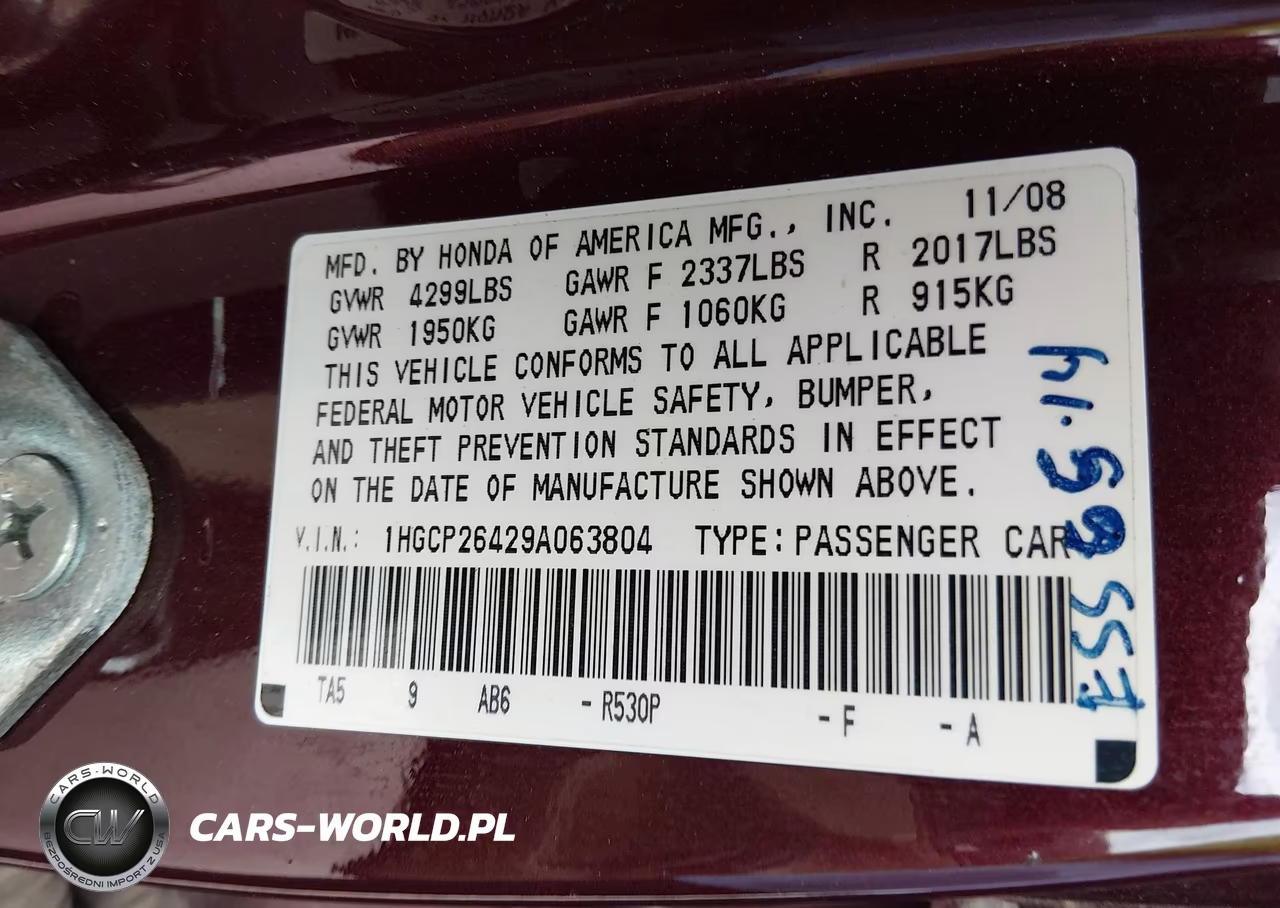 2009 Honda Accord 2.4 Lx-P VIN:1HGCP26429A063804 - 9