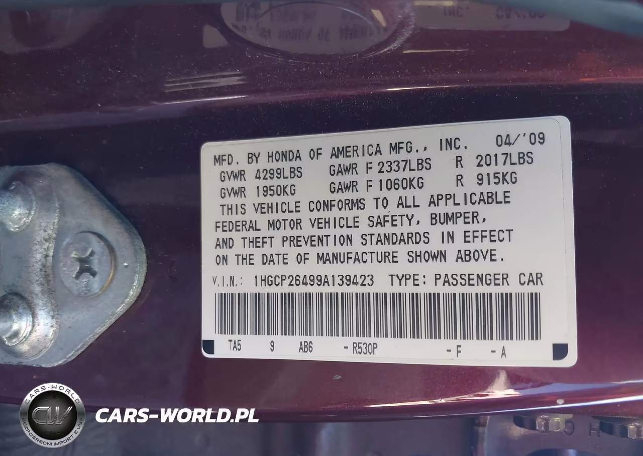 2009 Honda Accord 2.4 Lx-P VIN:1HGCP26499A139423 - 9