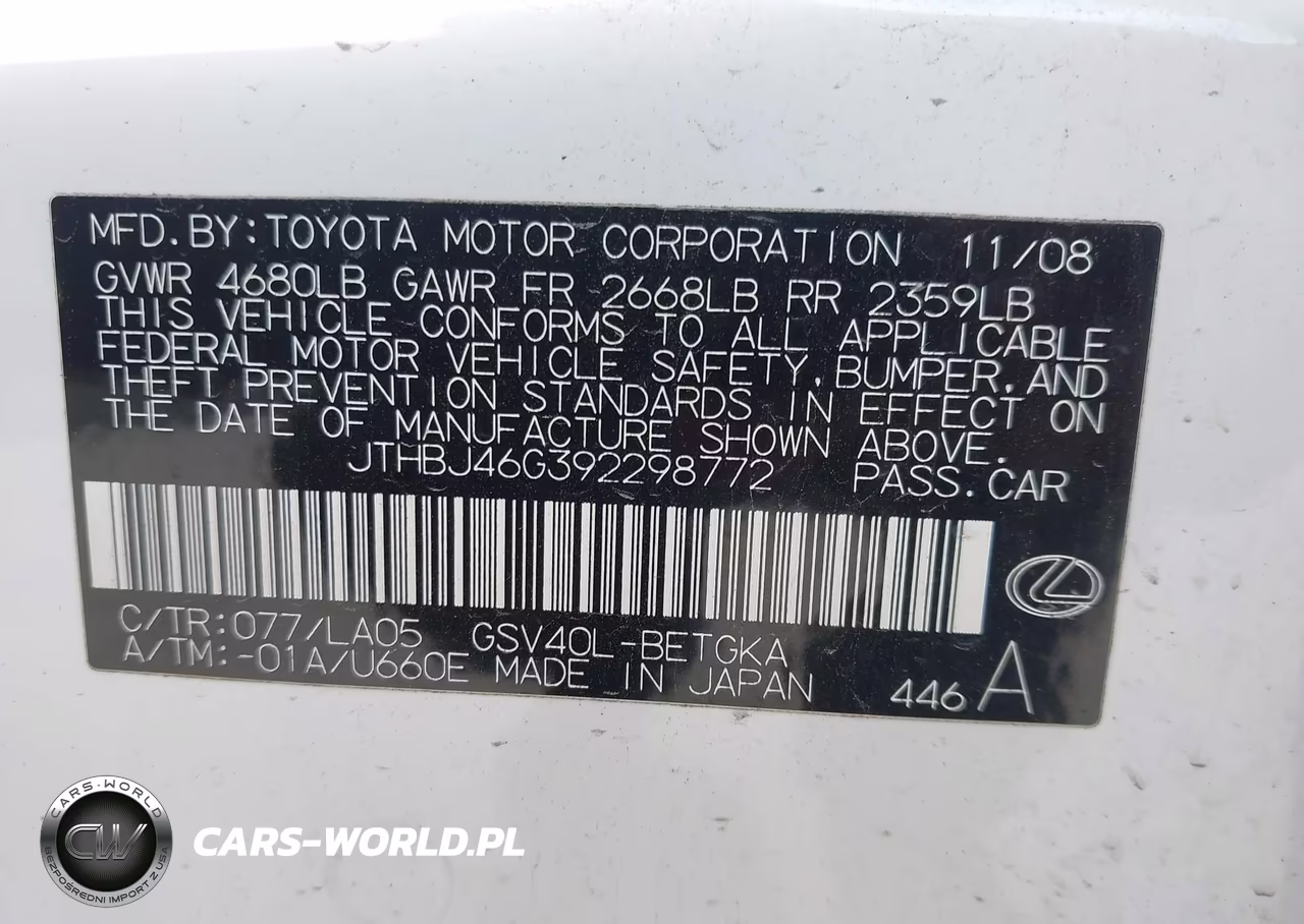 2009 Lexus Es 350 VIN:JTHBJ46G392298772 - 9