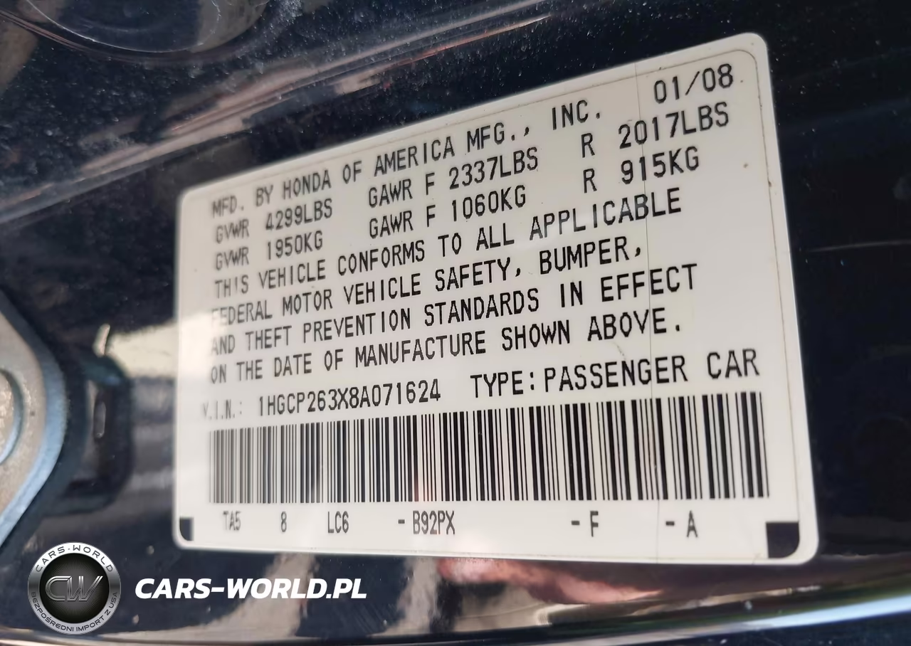 2008 Honda Accord 2.4 Lx VIN:1HGCP263X8A071624 - 9