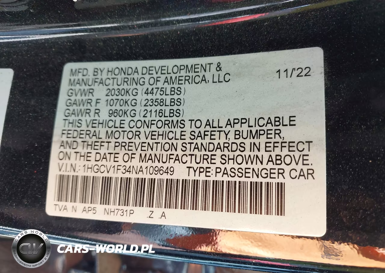 2022 Honda Accord Sport VIN:1HGCV1F34NA109649 - 9