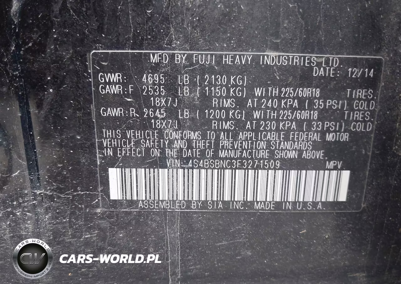2015 Subaru Outback 2.5I Limited VIN:4S4BSBNC3F3271509 - 9